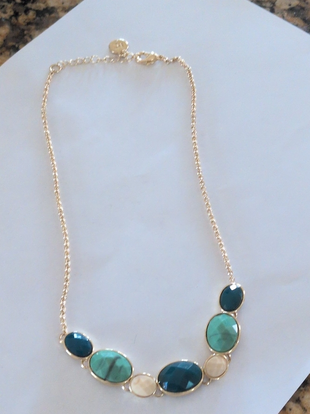 Gold Chain Necklace with Teal and Cream Gemstones